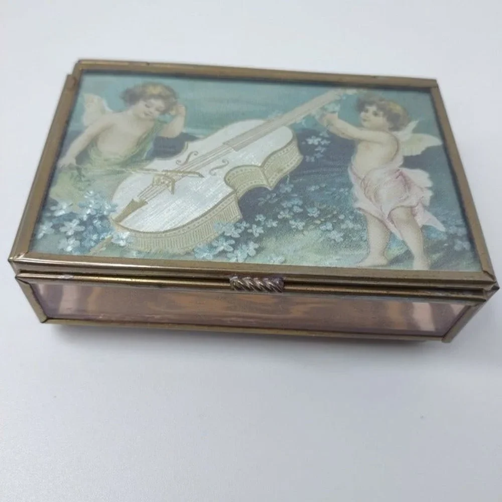 Handcrafted Via Vermont‎ Glass Coffin Box Mexico Trinket Cherub Chello Gold 4x3
